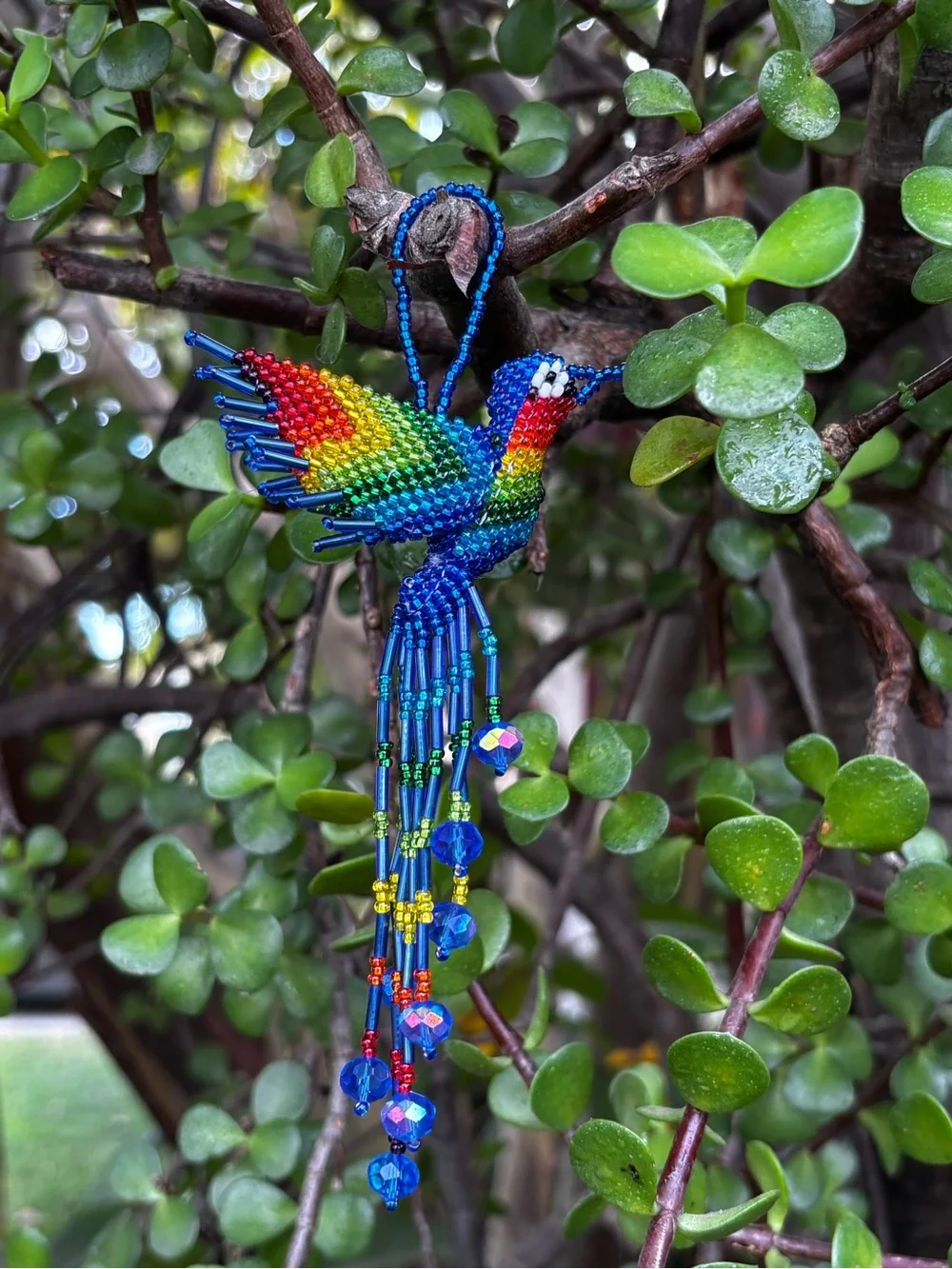 Handmade Beaded Rainbow Hummingbird Ornament - Blue Multicolor
